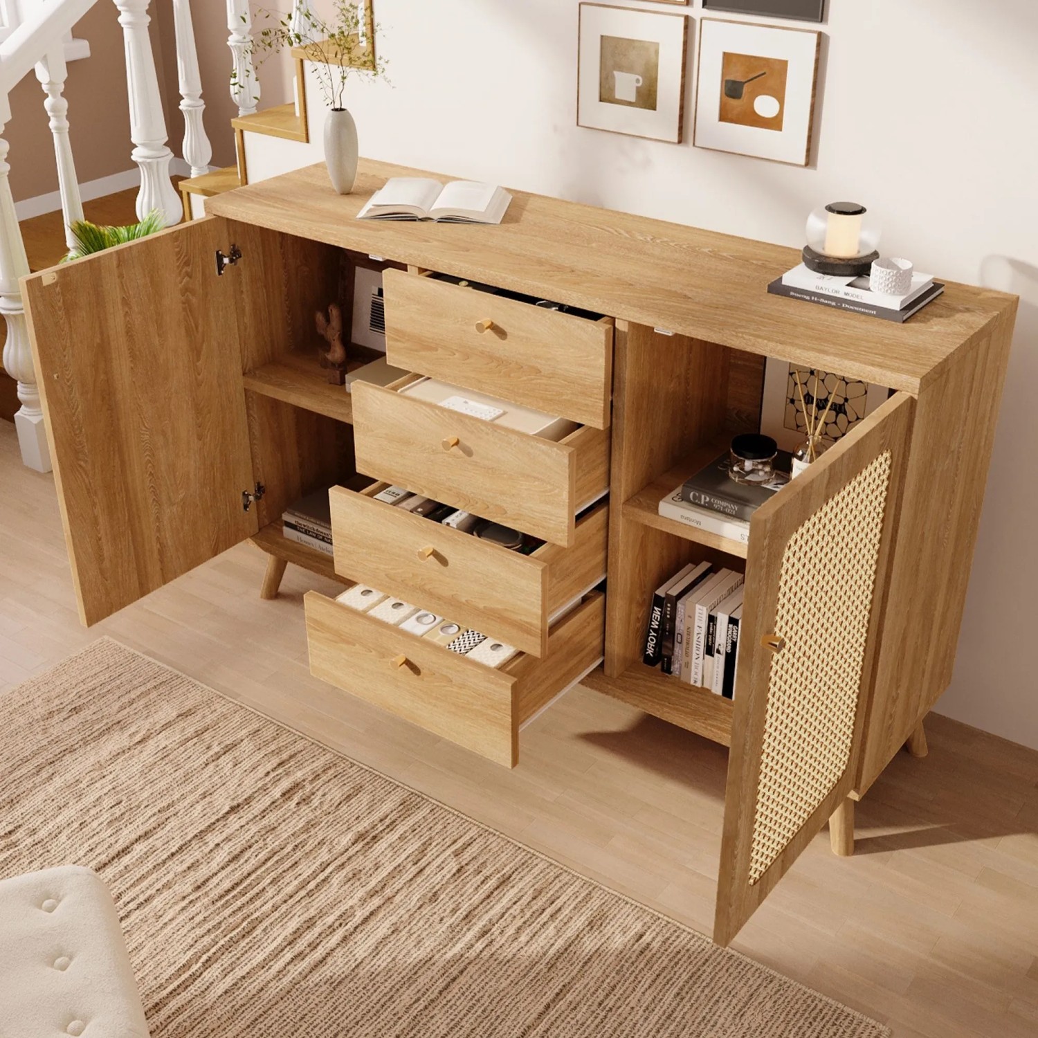 Merax Sideboard 140x40x86cm Rattan Optik Eiche_4