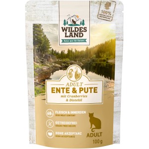 Wildes Land Katzen-Nassfutter Ente & Pute, 100g Packung. Getreidefrei, mit Distelöl.