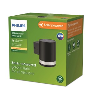 Verpackung der Philips Fyce Solar-Wandleuchte: Schwarze Solarleuchte mit Tageslichtsensor. 