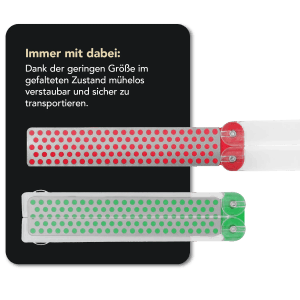 DMT Diafold Diamant Taschenschleifstein, rot (fein) und grün (extrafein), zusammengeklappt.
