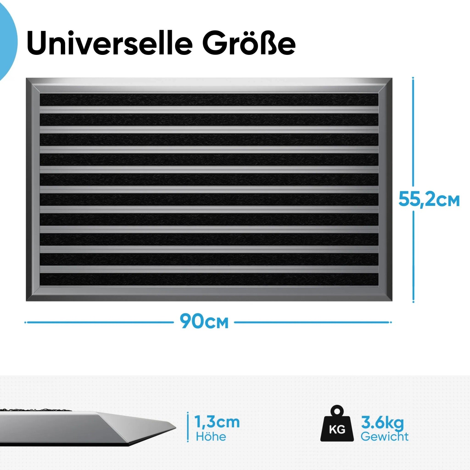 Björn&Schiller Fußmatte 55x90 cm für Außenbereich, silberner Alurahmen, schwarze Polypropylen-Lauffläche mit Drainagelöchern.
