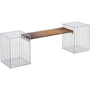 Gabiona Bank mit Cumaru-Holz, 45x60x45cm, Maschenweite 5x5cm. Gartenbank mit Steinkörben.