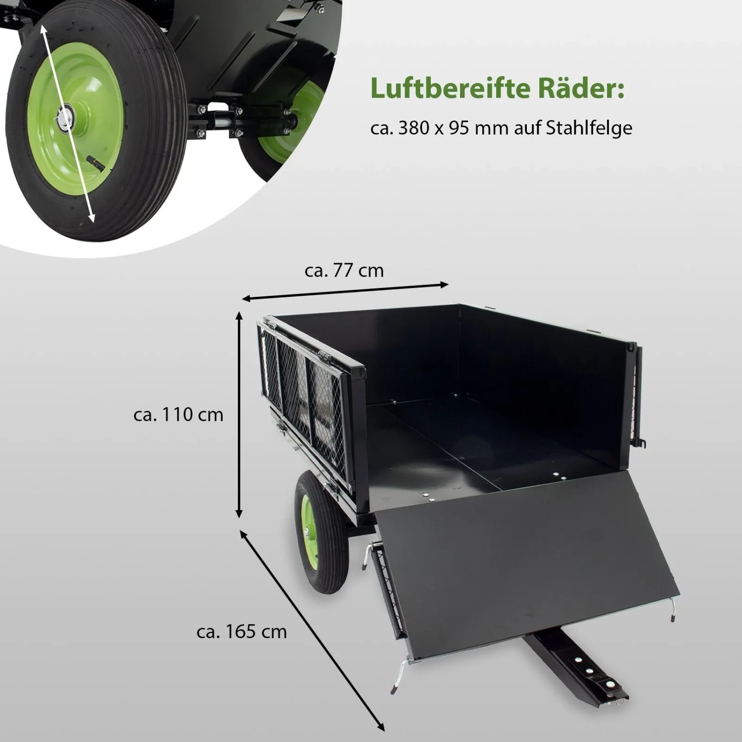 TRUTZHOLM Rasentraktor Anhänger, kippbar, mit Gitteraufsatz, schwarze Stahlmulde mit grünen Rädern.