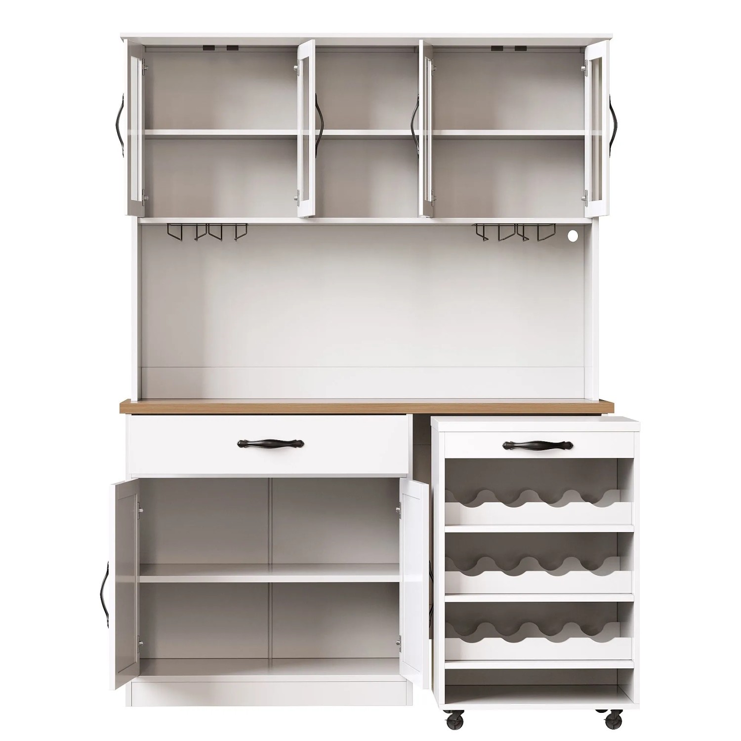 okwish Küchenschrank mit Rollwagen LED Beleuchtung Weinregal Küche 140x38x180cm Weiß
