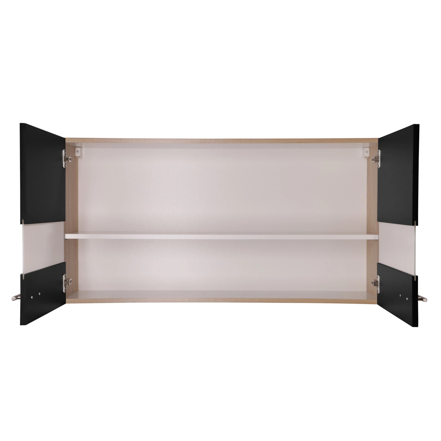 Offener Respekta Oberschrank Merle, 110 cm, schwarz, mit Glaseinlagen und Einlegeboden.