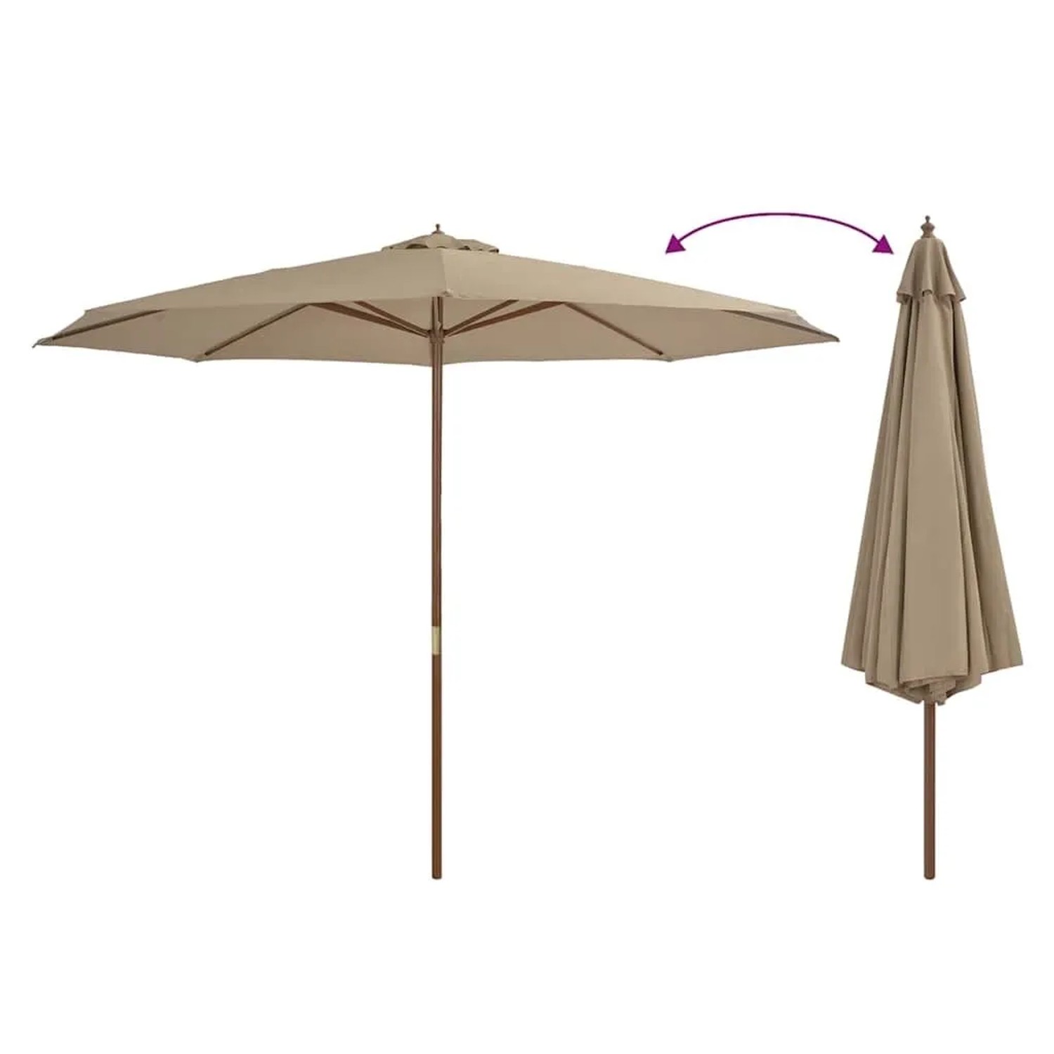 vidaXL Sonnenschirm, 350 cm, Taupe, mit Holzmast, geöffnet und geschlossen dargestellt.