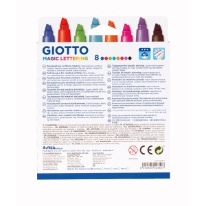 Giotto Magic Lettering Stifte, 8 Fasermaler in verschiedenen Farben mit speziell geformter Spitze.
