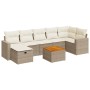Beige 8-tlg. Garten-Sofagarnitur aus Rattan mit cremeweißen Kissen und Tisch mit Holzplatte.