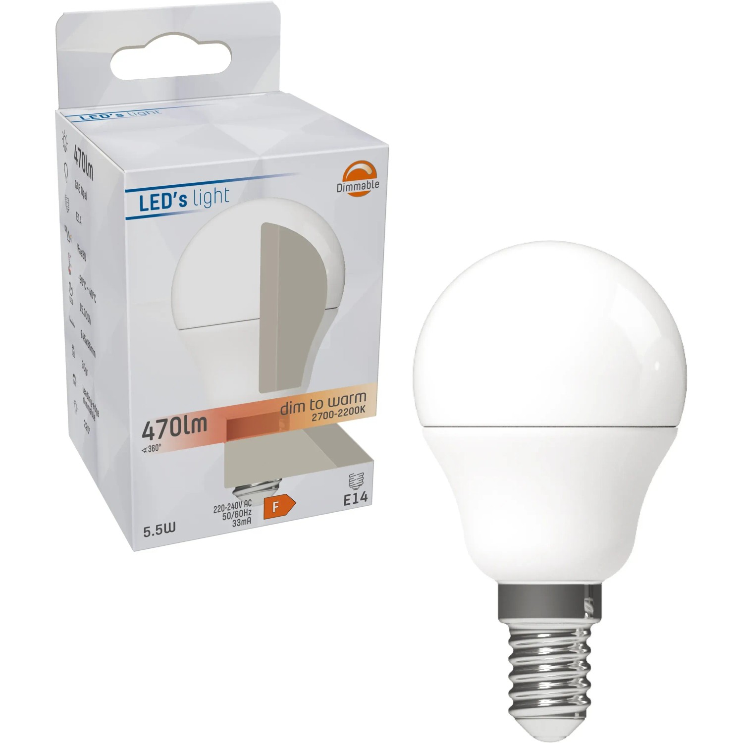 E14 LED-Leuchtmittel Globe G45, 5,5W, dimmbar, Farbtemperatur einstellbar (2200-2700K).