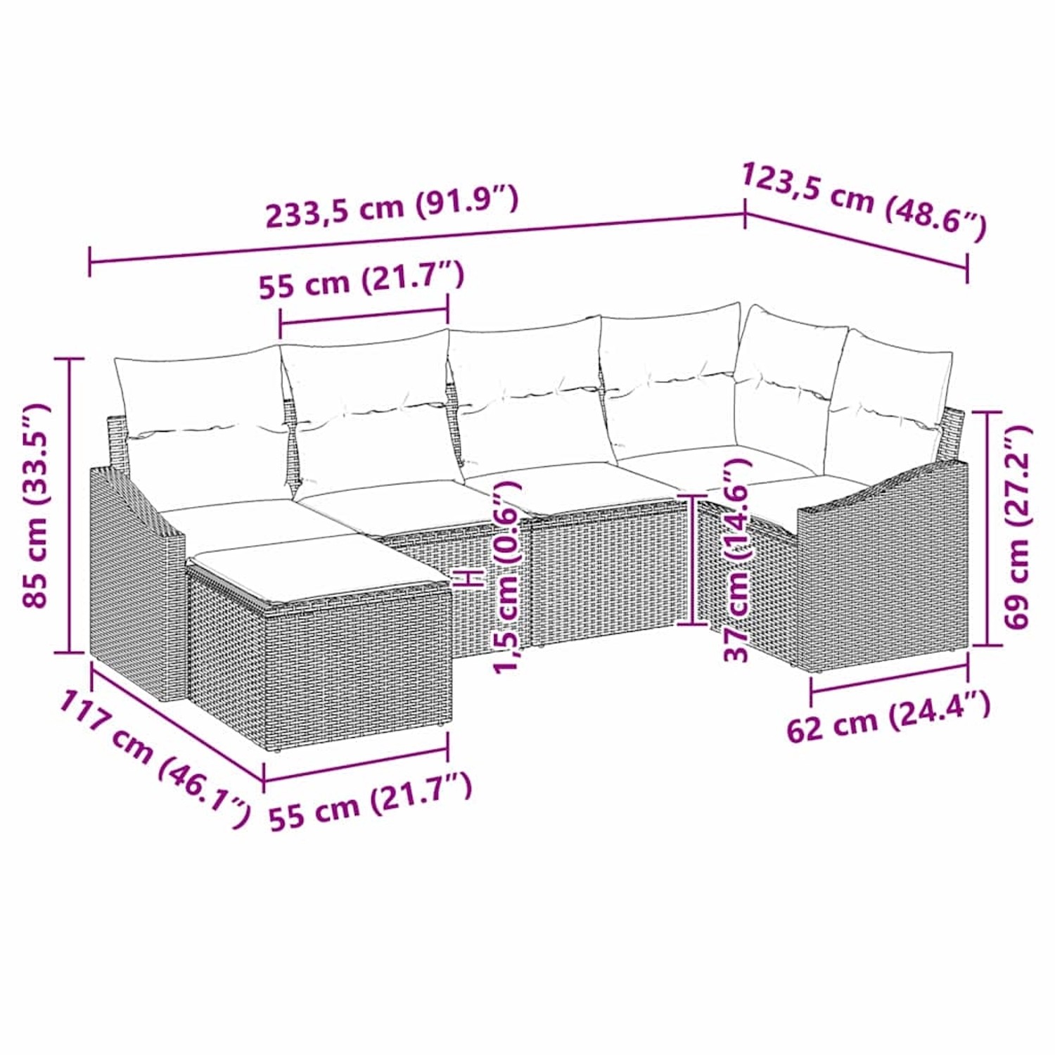 Braunes 6-teiliges Garten-Sofa-Set aus Poly Rattan mit Maßangaben.