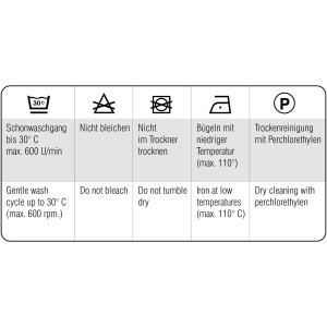 Pflegehinweise für Bennetti Bistrogardine: Schonwäsche bis 30°C, nicht bleichen, nicht trocknergeeignet, bügeln bei niedriger Temperatur.