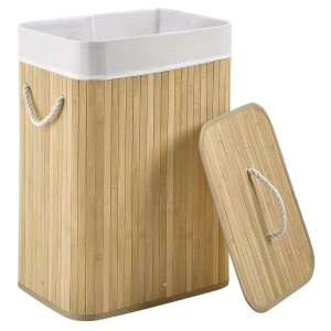 Juskys Bambus Wäschekorb Curly, 72L, mit Wäschesack und Deckel.