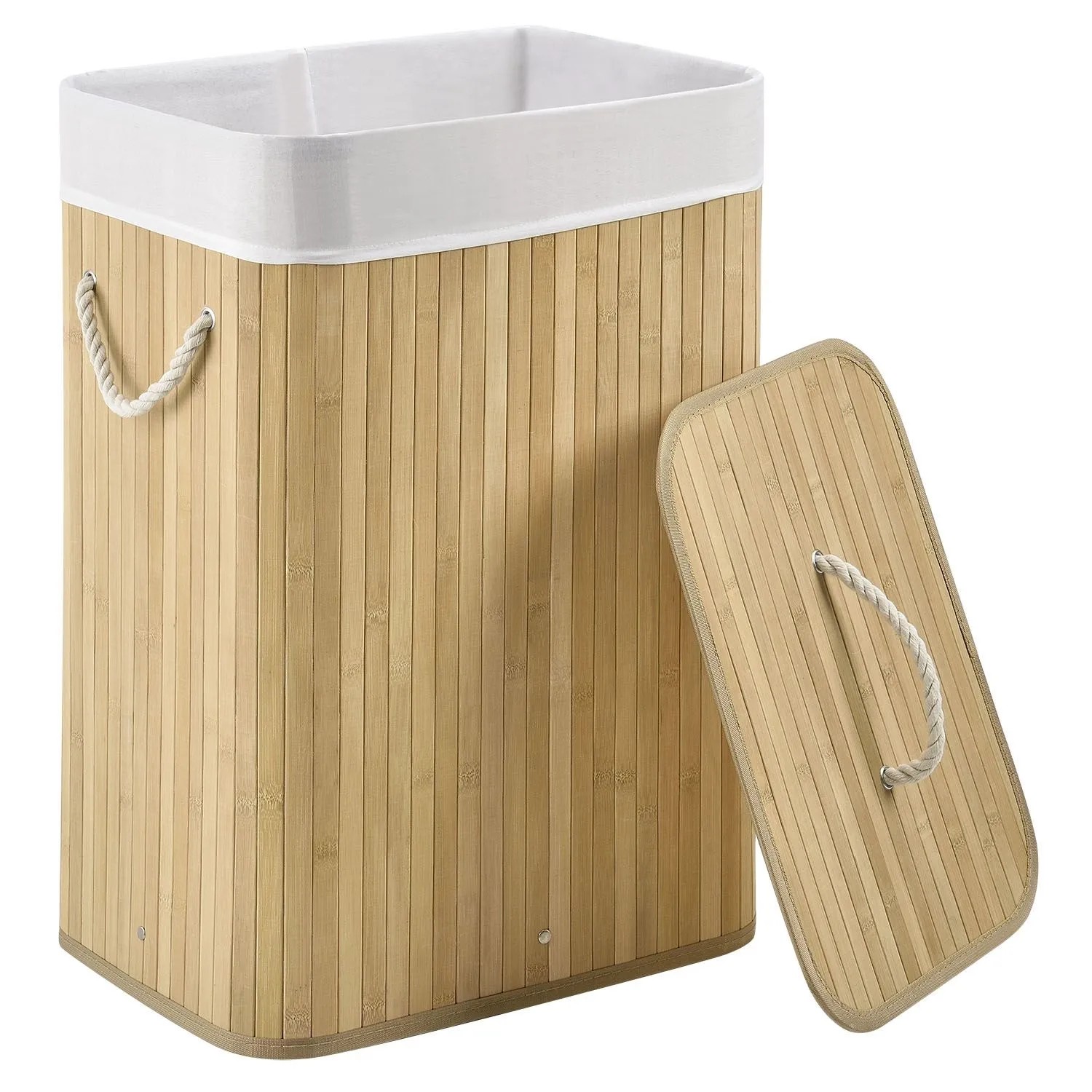 Juskys Bambus Wäschekorb Curly, 72L, mit Wäschesack und Deckel.