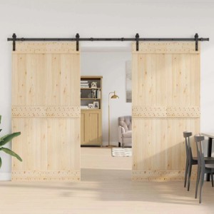 vidaXL Schiebetür-Set 305 cm, Stahl schwarz, mit zwei Holztüren in Wohnraum.