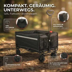 Schwarzer Albatros Bollerwagen, klappbar, 120L, mit Getränkehalter und Flaschenöffner für Camping & Freizeit.