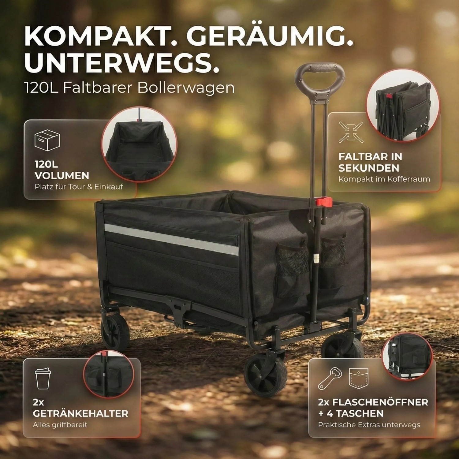 Schwarzer Albatros Bollerwagen, klappbar, 120L, mit Getränkehalter und Flaschenöffner für Camping & Freizeit.