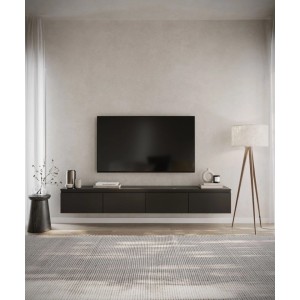 Schwarzes Selsey TV-Hängeboard Bemmi 200 cm, schwebend wandmontiert, mit matter Oberfläche und Klappfächern.
