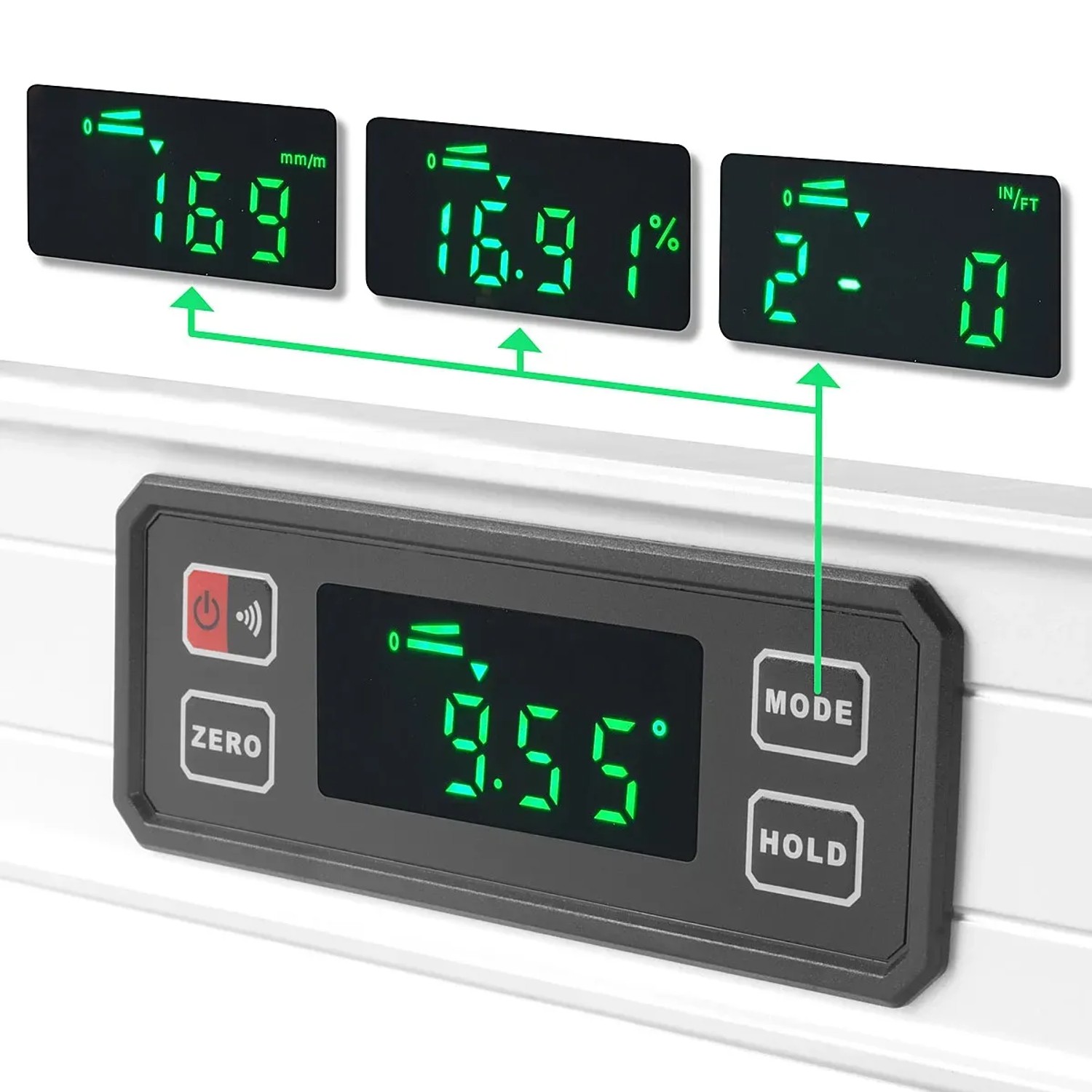 Detailaufnahme der digitalen STAHLWERK Wasserwaage DW-1000 ST mit LED-Anzeige.