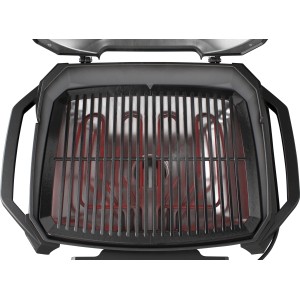 Weber Pulse 2000 Elektrogrill mit offenem Deckel, Grillrost und Heizelementen.