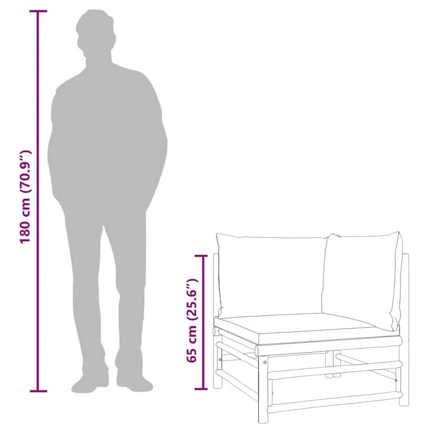 Bambus Garten-Ecksofa mit Kissen, 65 cm hoch, im Größenvergleich zu einer 180 cm Person.