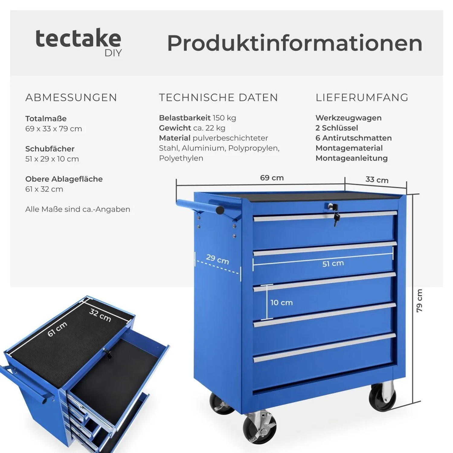 Tectake Werkzeugwagen  5 Kugelgelagerte Schubladen Mit Antirutschmatten Belastbarkeit 150 kg  69 x 33 x 79 cm Blau_6