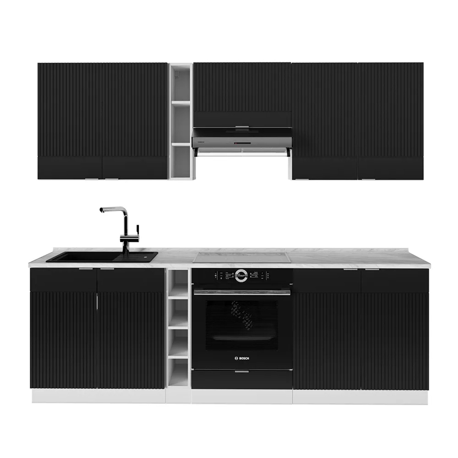 Vicco Fame-Line Küchenzeile Schwarz gestreift/Weiß 235 cm ohne Arbeitsplatte ohne E-Geräte