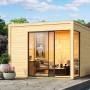 Modernes Karibu Gartenhaus Kubus 1 aus Holz mit großen Glasschiebetüren und Flachdach.