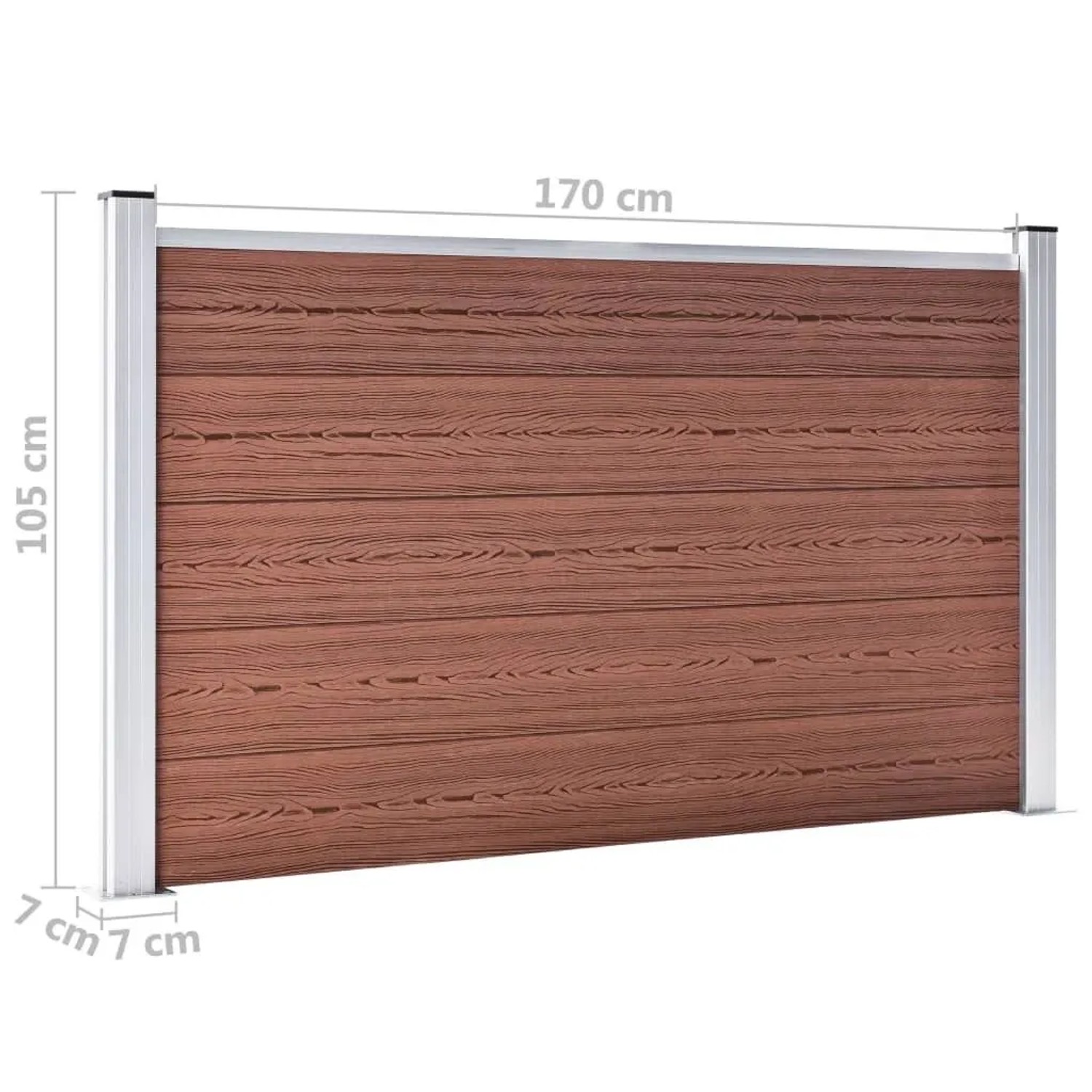 Brauner vidaXL Gartenzaun aus WPC, 526x106 cm, mit Holzmaserung und Aluminiumpfosten.