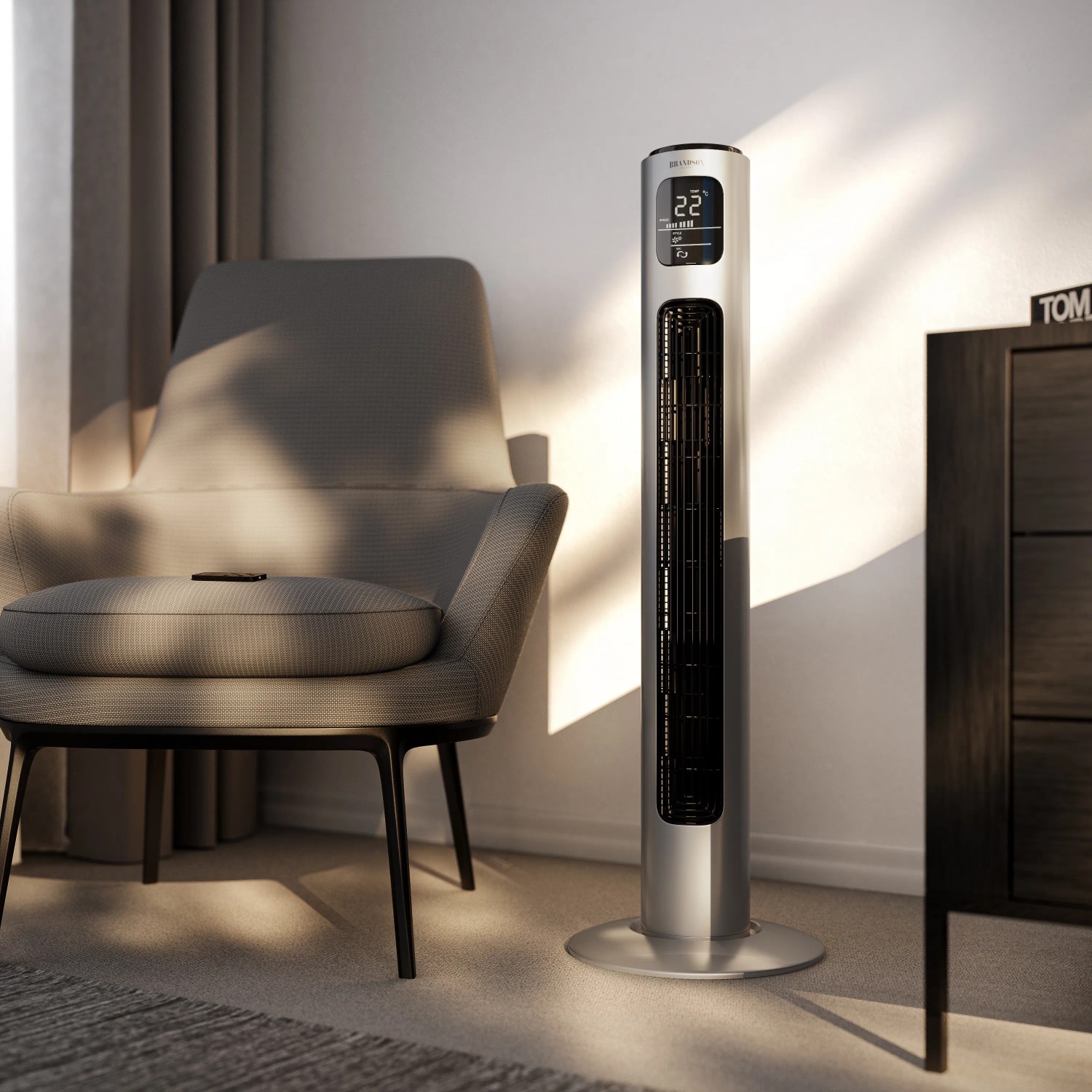 Brandson Turmventilator, 96cm, silberfarben, mit Fernbedienung und digitalem Display.