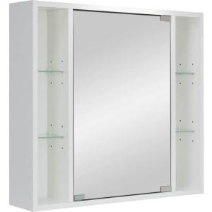 Weißer Astor Spiegelschrank, 65 cm breit, mit Spiegeltür und seitlichen Regalfächern.
