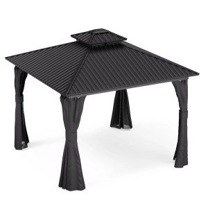 Schwarzer Blumfeldt ShadeFortress Pavillon 3x3 m mit Stahldach und Vorhängen.