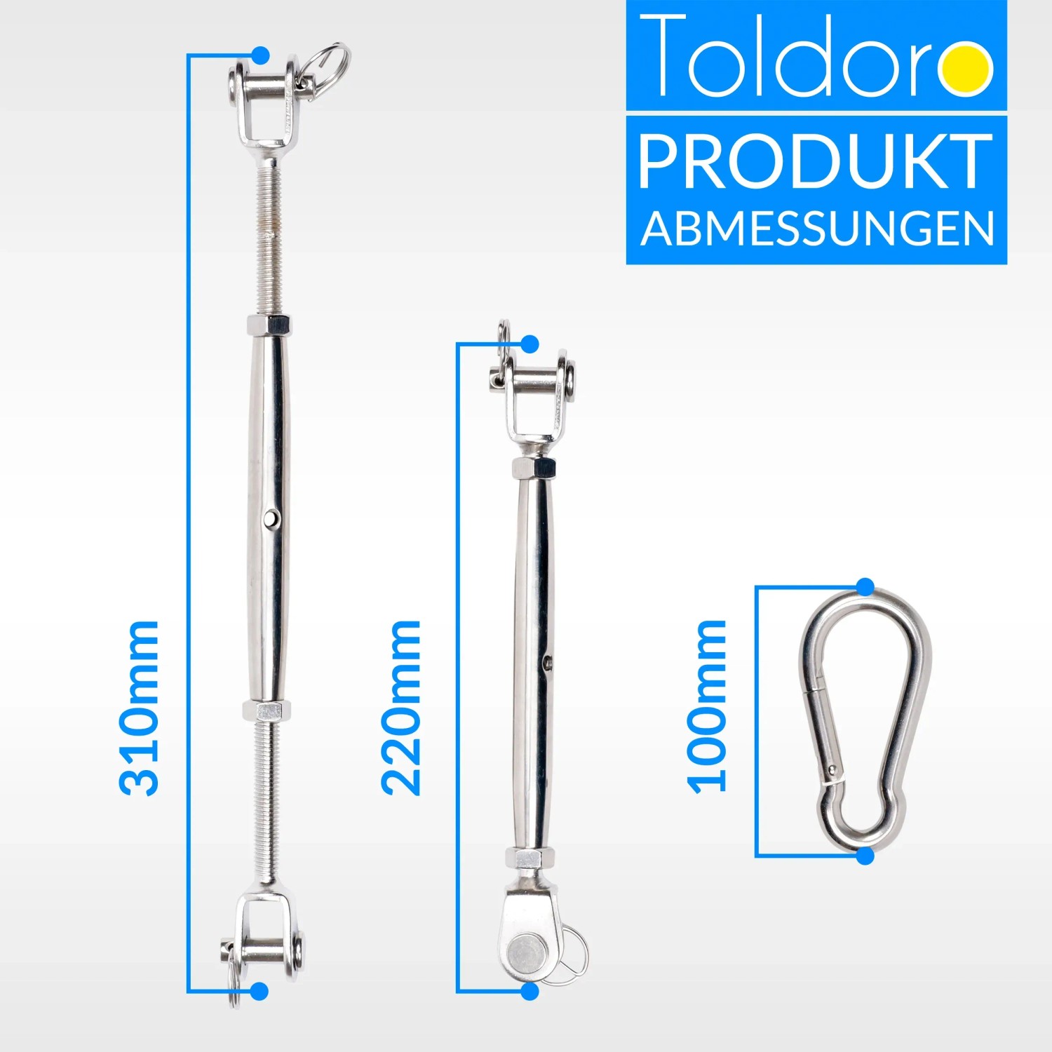 Toldoro Sonnensegelspanner M10 Set mit Karabinerhaken, Edelstahl, zur Befestigung von Sonnensegeln.
