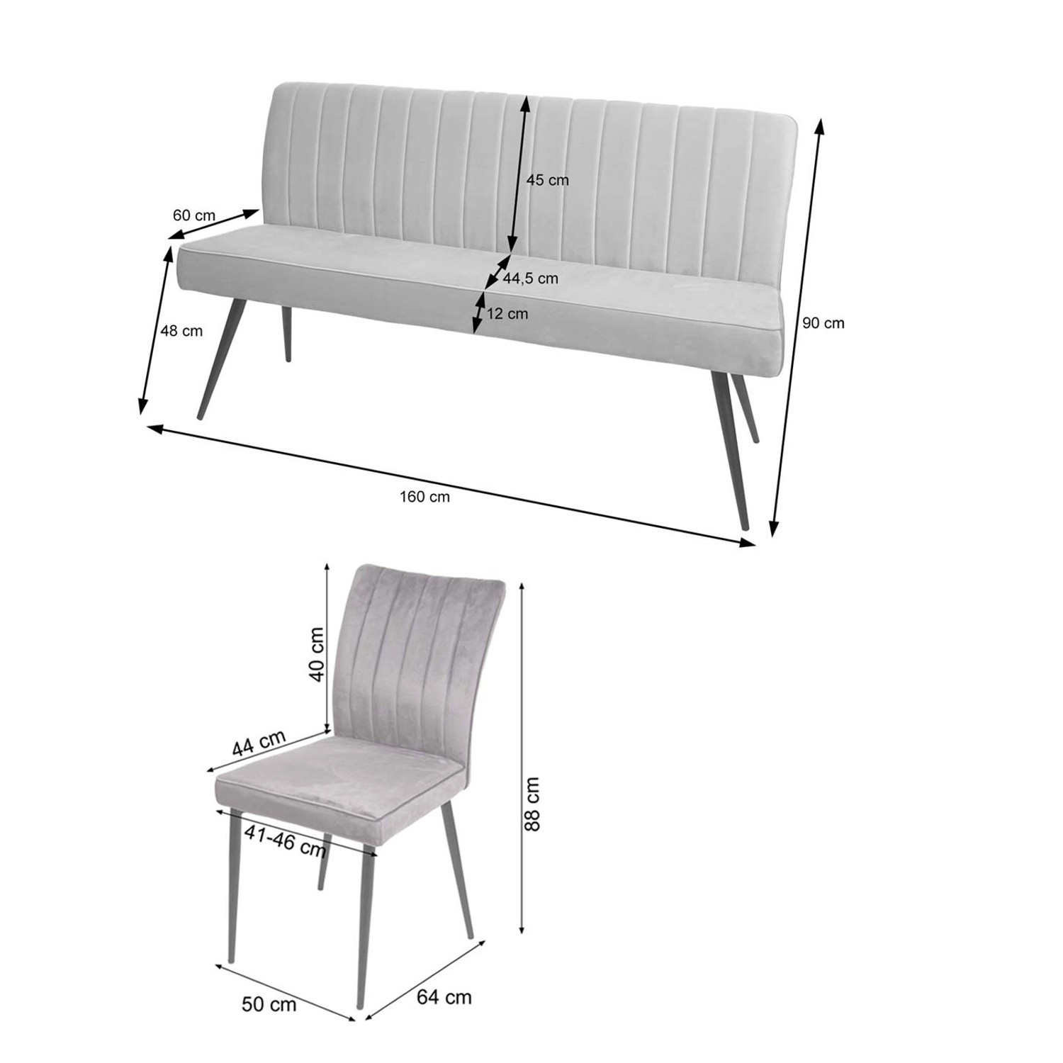 MCW Esszimmer-Set K16, 3-teilig, hellgrau: Bank und Stuhl mit Maßangaben.