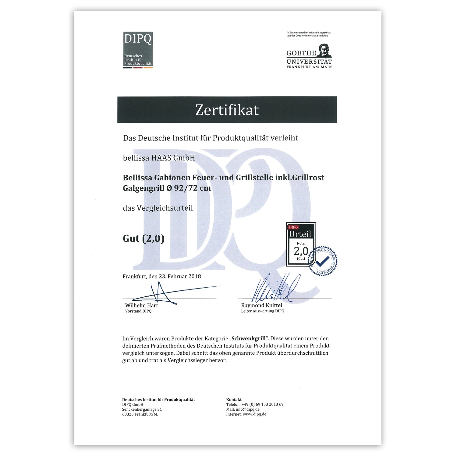 Zertifikat: Bellissa Gabionen Grill- und Feuerstelle, Galgengrill Ø 92/72 cm, Auszeichnung Gut (2,0).
