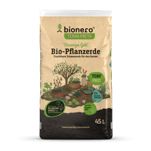 Sack Bionero Bio-Pflanzerde 45L: Torffreie, fruchtbare Erde mit Pflanzenkohle für Garten, Hecken und Sträucher.