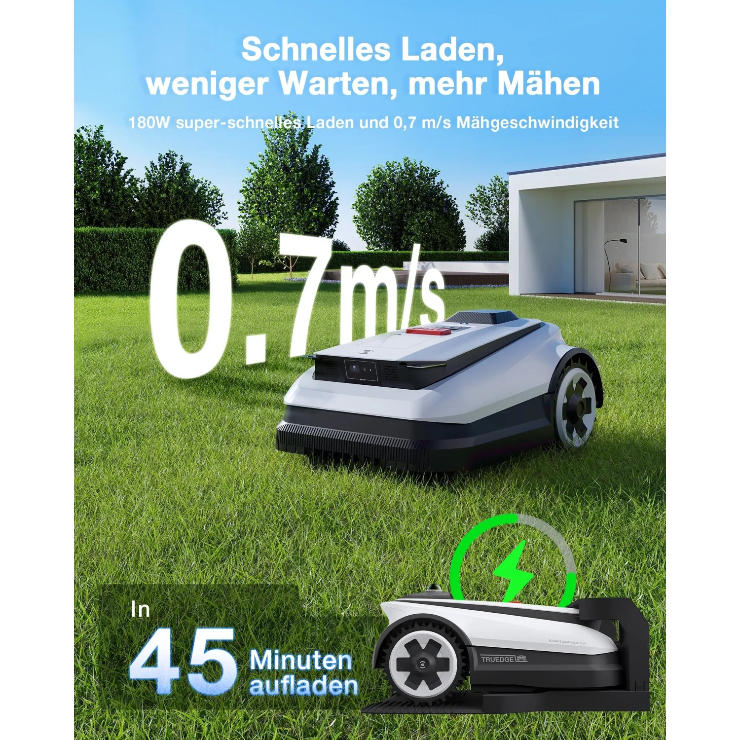 Ecovacs Goat O800 RTK Mähroboter auf Rasen, lädt schnell in 45 Minuten. Rasenmäher ohne Begrenzungskabel.