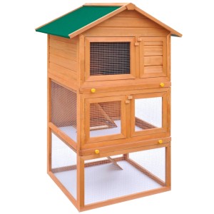 Dreistöckiger vidaXL Kaninchenstall aus Holz mit grünem Dach und Drahtgitter.
