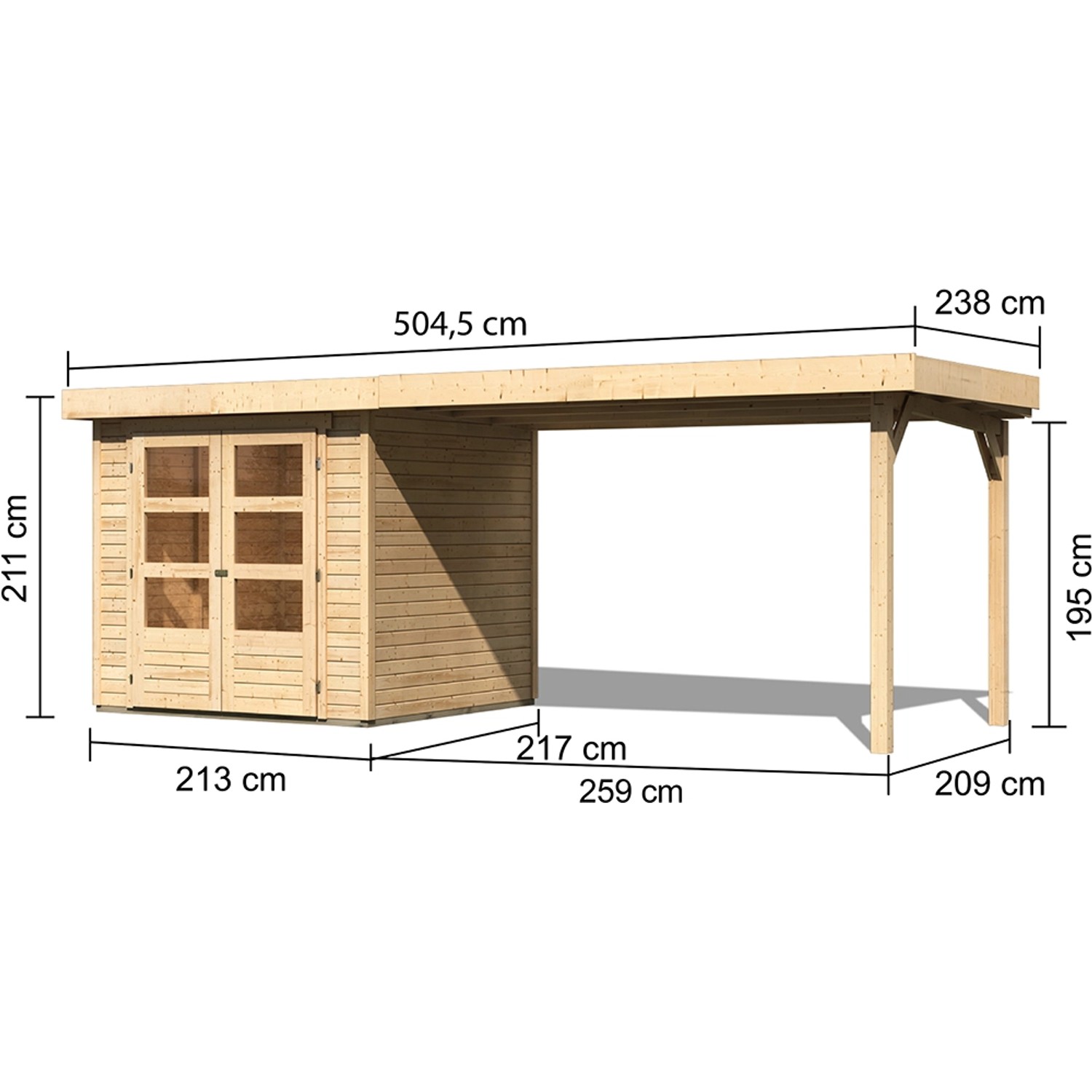Karibu Holz-Gartenhaus Boras, unbehandelt, mit Anbau. Maße: 209 x 213 cm.