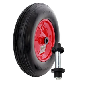 Schubkarrenrad Vollgummi, 4.80 4.00-8, mit roter Stahlfelge und Achse.
