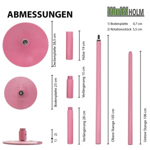 TRUTZHOLM Pole Dance Stange Pink, Maße der Einzelteile und Aufbau der Tanzstange.