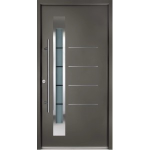 Moderne Splendoor Haustür Berlin Prime in Anthrazit mit Edelstahl-Applikationen und Glaseinsatz.