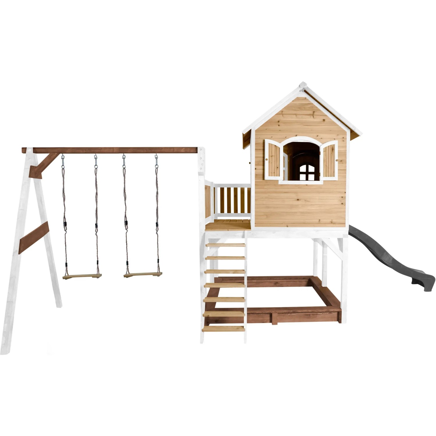 Axi Liam Spielhaus mit Doppelschaukel, Rutsche, Sandkasten, Holz, braun, weiß und grau.