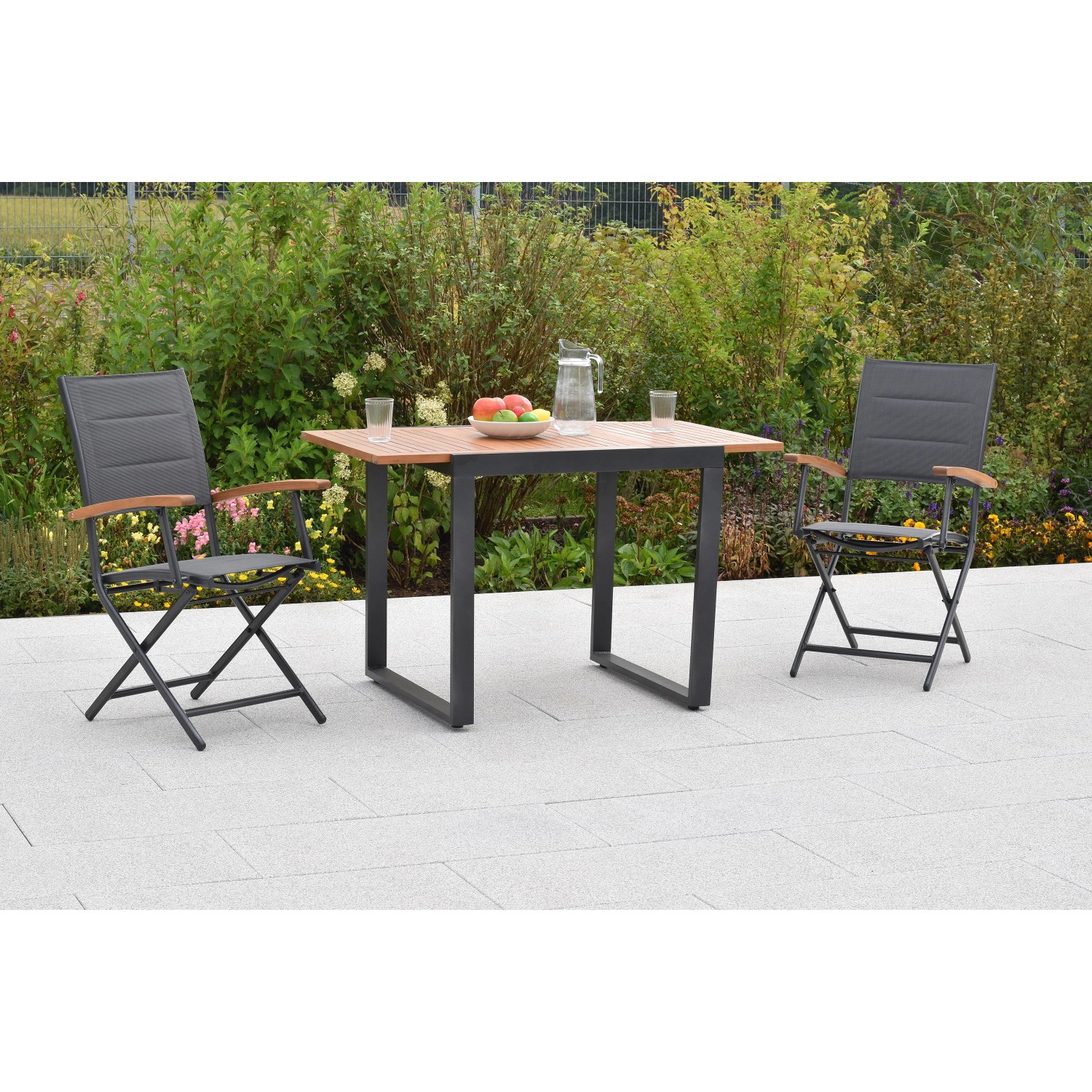 Merxx Paxos Gartenmöbel-Set: Klappsessel und Ausziehtisch aus Akazie und Aluminium für Balkon/Terrasse.