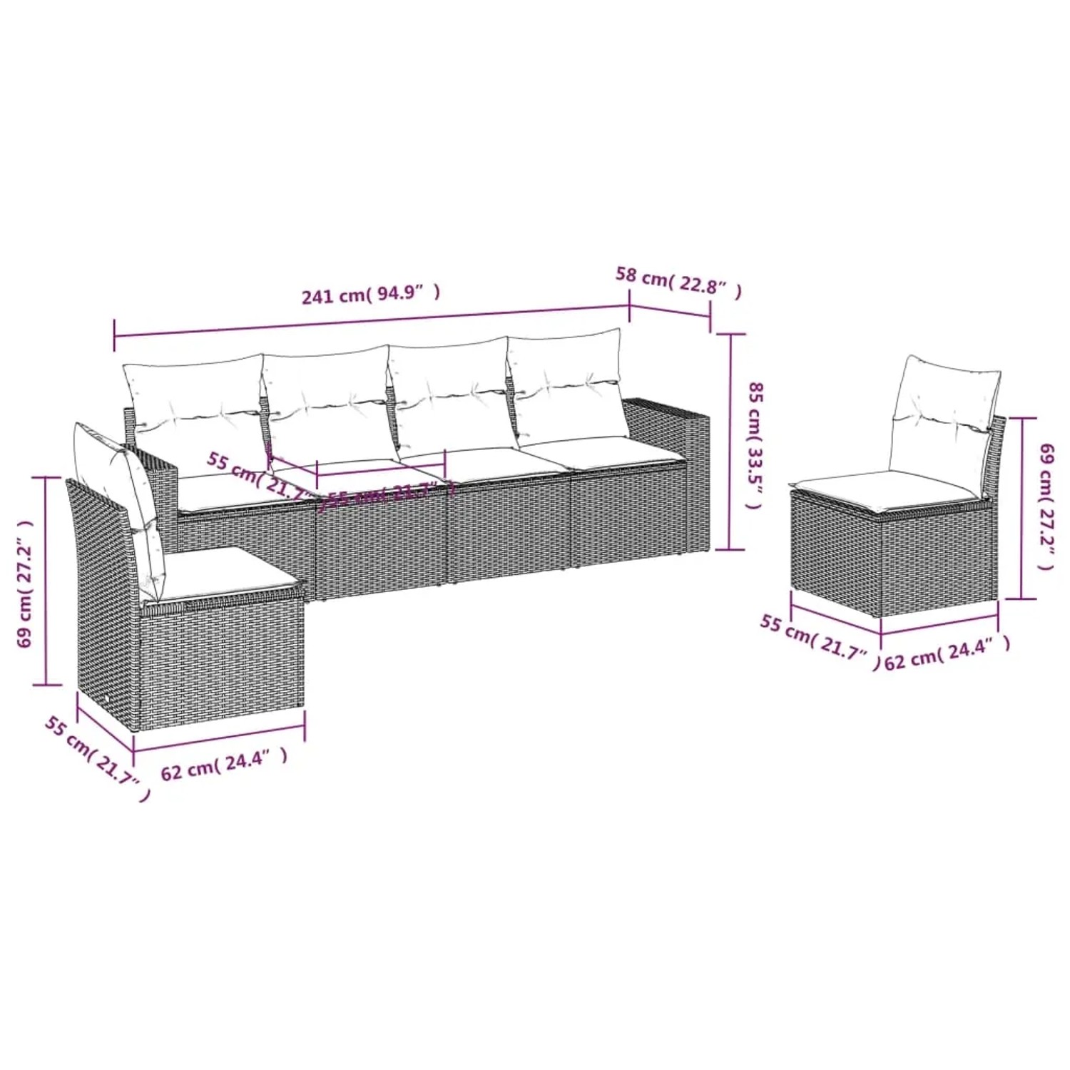 Hellgraue 6-tlg. vidaXL Garten-Sofagarnitur aus Polyrattan mit Kissen. Gartenmöbel für Terrasse und Garten.
