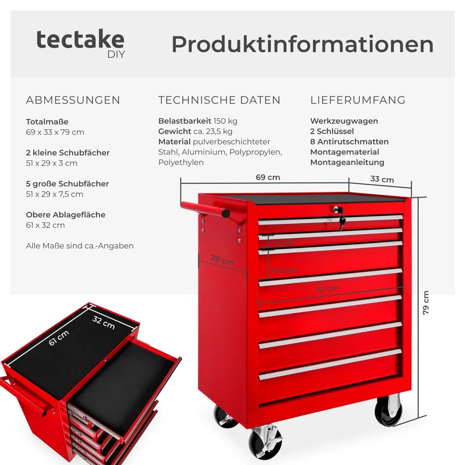 Tectake Werkzeugwagen  7 Kugelgelagerte Schubladen Mit Antirutschmatten Belastbarkeit 150 kg  69 x 33 x 79 cm Rot_6