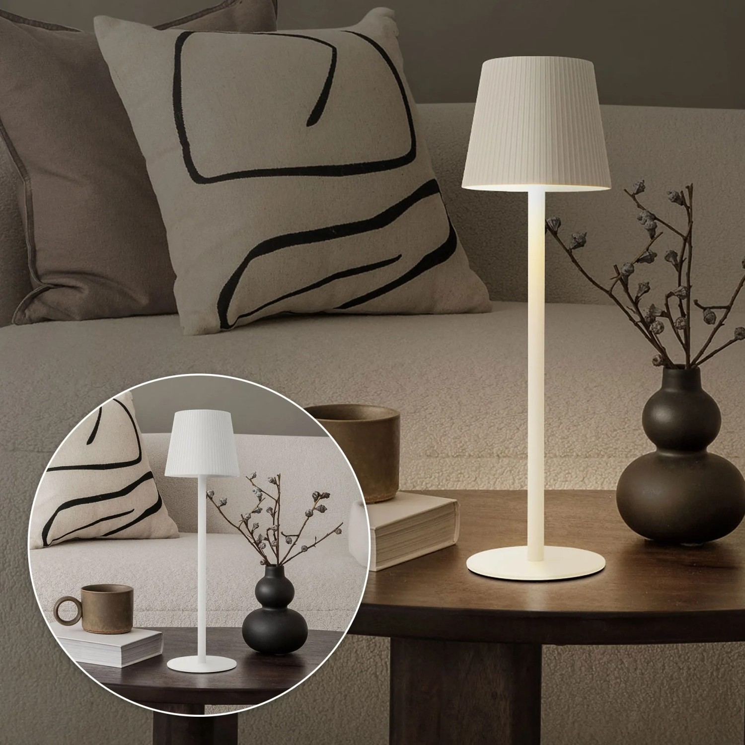Weiße, dimmbare ML-Design LED Tischlampe kabellos, Ø10x36 cm, mit Touch-Funktion.