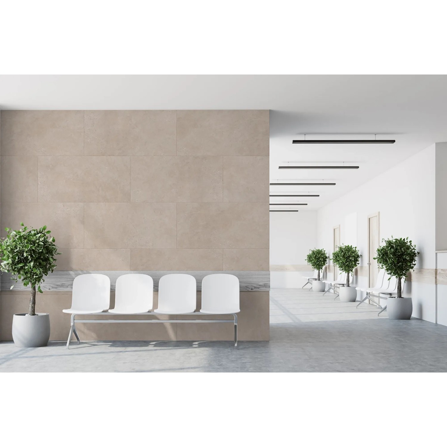 Grosfillex GX Wall+ Creme Slate Dekor-Paneele an Wand im Wartezimmer.