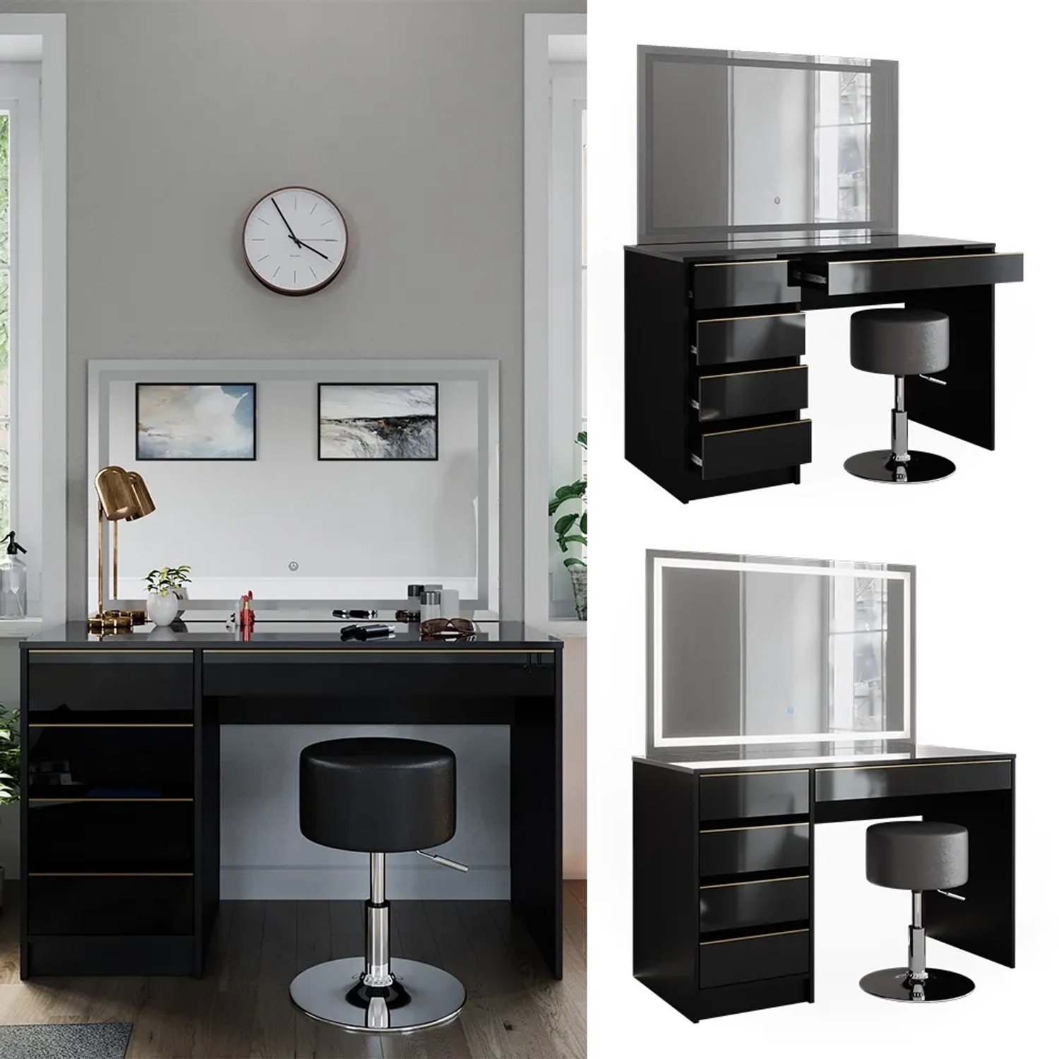 Vicco Schminktisch Sherry Schwarz/Gold mit LED-Spiegel und Hocker, 120 cm breit.