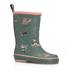 Grüner Blossom Kinderstiefel aus Kautschuk mit rosa Rand, floralem Muster und Zugschlaufe. Wasserdichter Gartenstiefel.