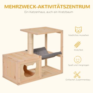 PawHut Katzenhaus mit Hängematte: Katzenkorb aus Holz mit Kratzbaum und Katzenhöhle.